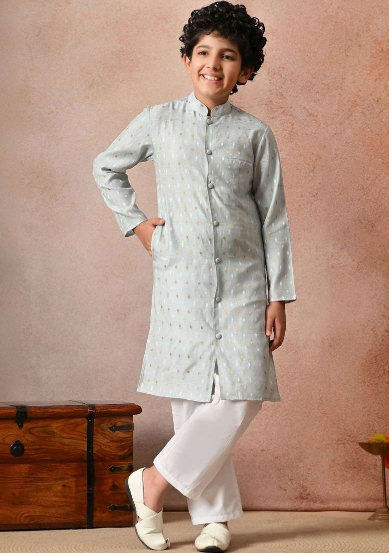 Light Blue Woven Design Silk Kurta Set For Boys - Indya
