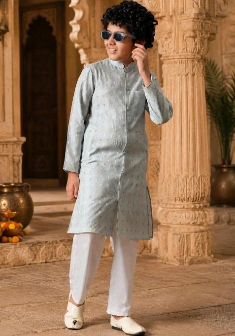 Light Blue Woven Design Silk Kurta Set For Boys