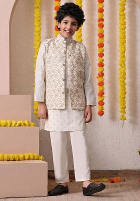 Off White Ethnic Motifs Silk Kurta Set For Boys