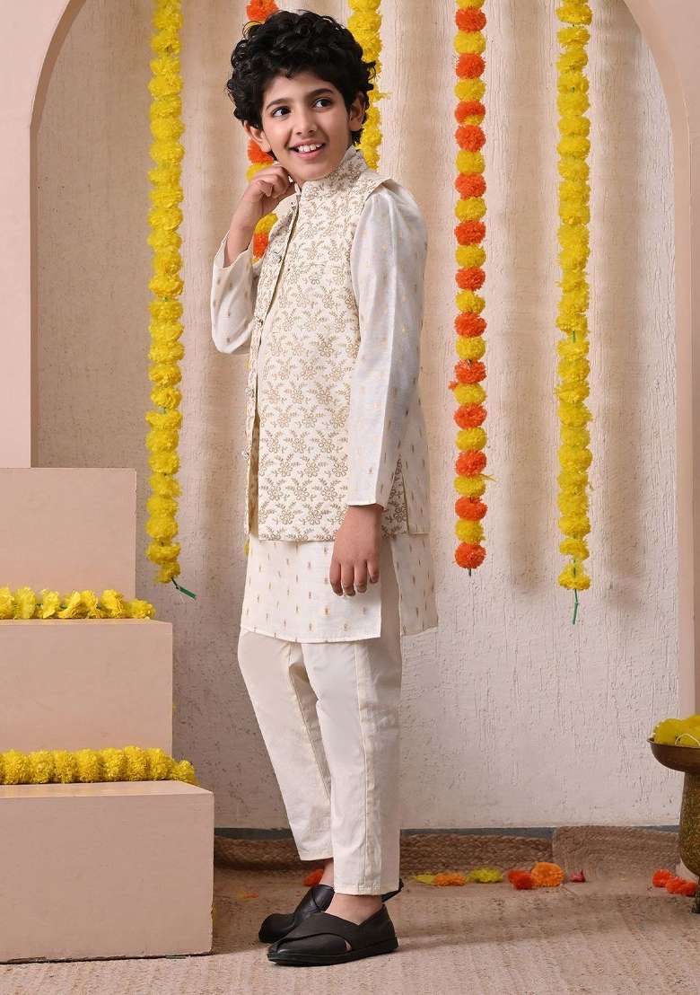Off White Ethnic Motifs Silk Kurta Set For Boys - Indya