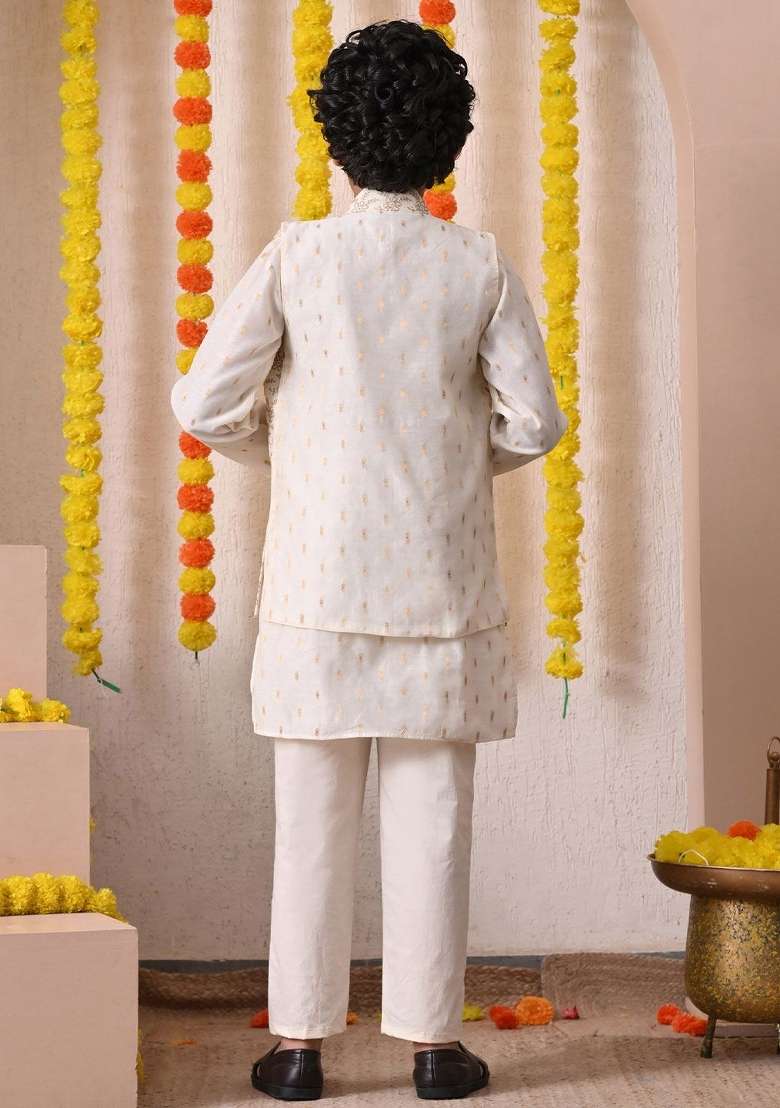 Off White Ethnic Motifs Silk Kurta Set For Boys - Indya