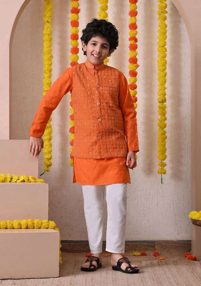 Orange Ethnic Motifs Cotton Kurta Set For Boys - Indya