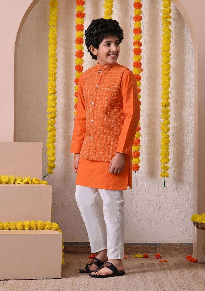 Orange Ethnic Motifs Cotton Kurta Set For Boys - Indya