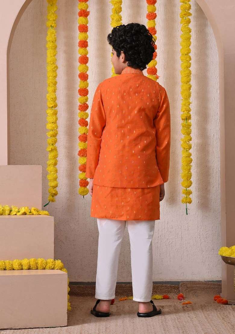 Orange Ethnic Motifs Cotton Kurta Set For Boys - Indya