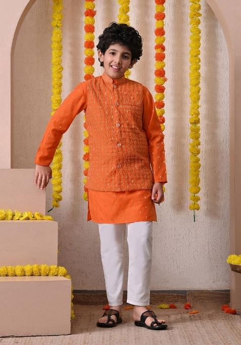 Orange Ethnic Motifs Cotton Kurta Set For Boys