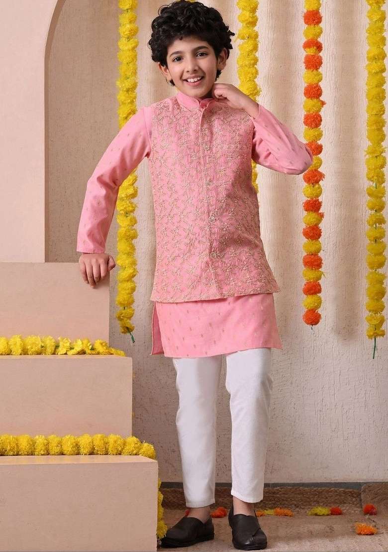 Pink Ethnic Motifs Silk Kurta Set For Boys - Indya