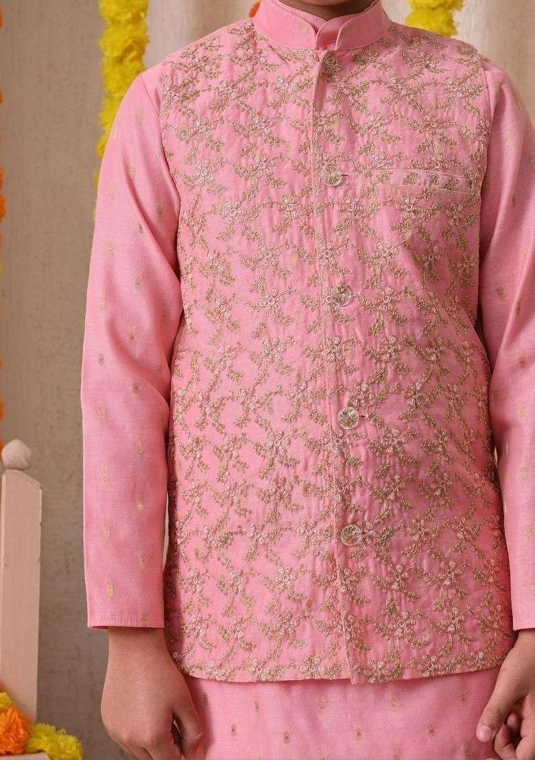 Pink Ethnic Motifs Silk Kurta Set For Boys - Indya