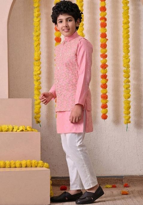 Pink Ethnic Motifs Silk Kurta Set For Boys