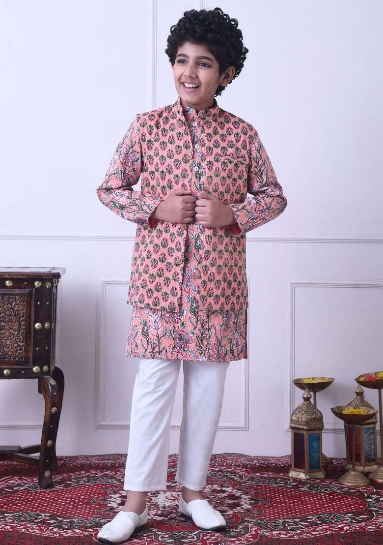 Peach Floral Cotton Kurta Set For Boys - Indya