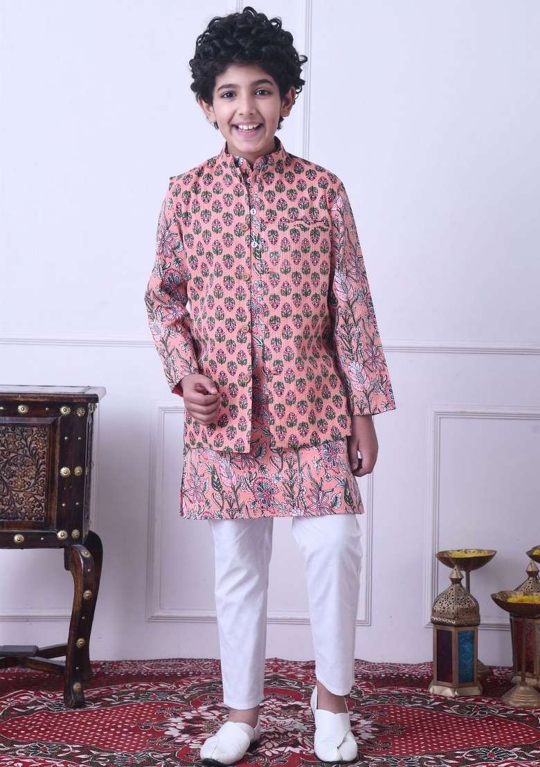 Peach Floral Cotton Kurta Set For Boys - Indya