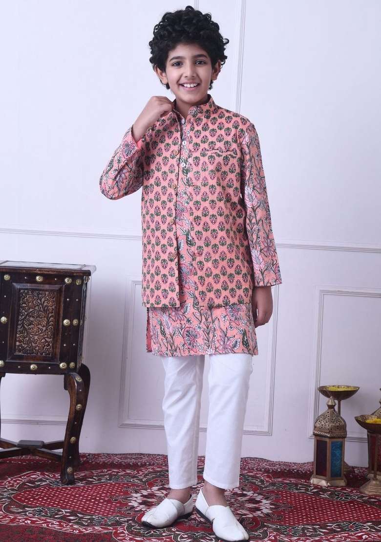 Peach Floral Cotton Kurta Set For Boys - Indya