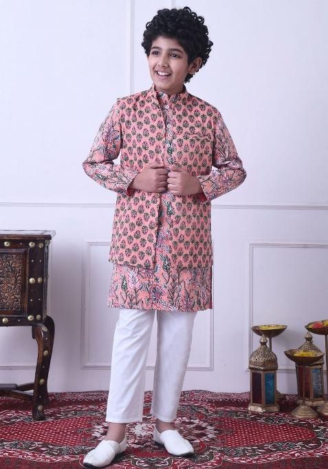 Peach Floral Cotton Kurta Set For Boys