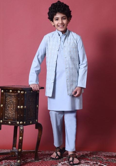 Blue Solid Cotton Kurta Set For Boys