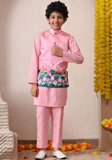Pink Floral Cotton Kurta Set For Boys