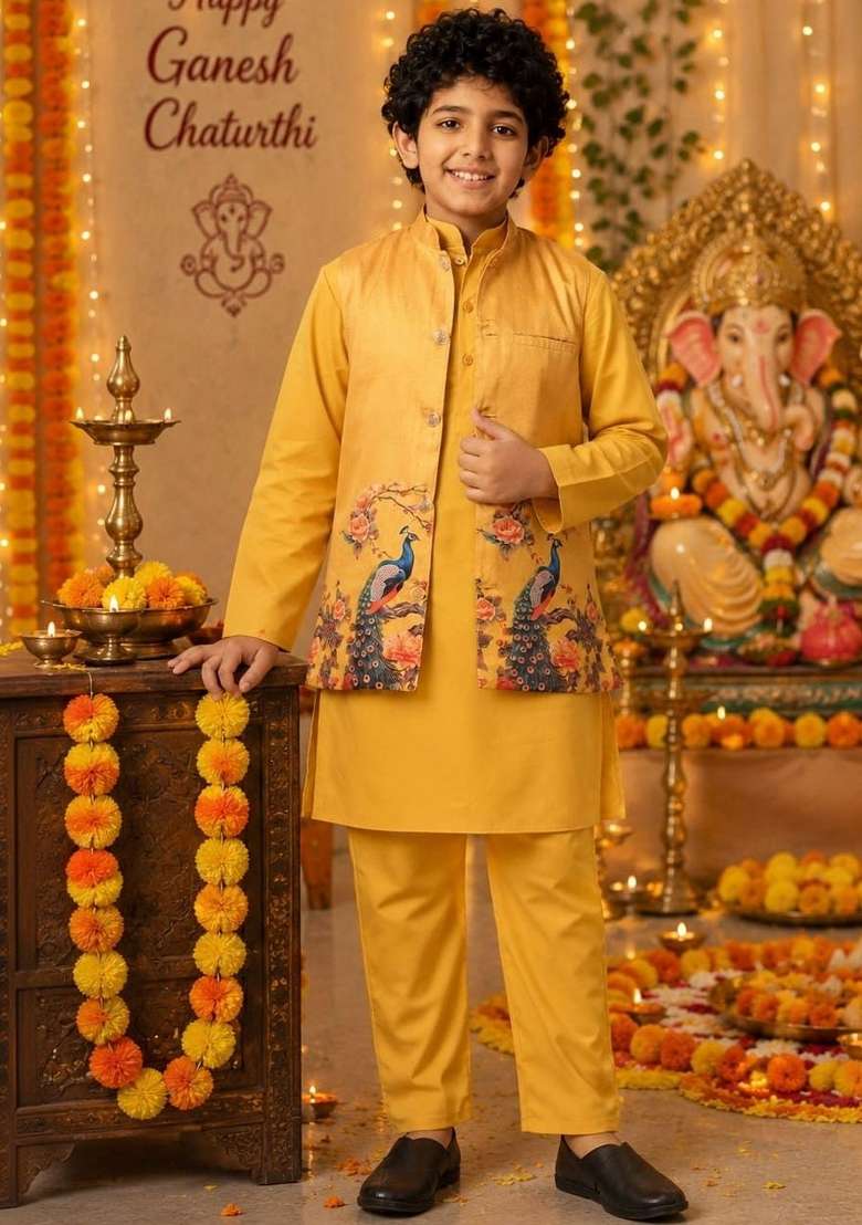 Yellow Solid Cotton Kurta Set For Boys - Indya