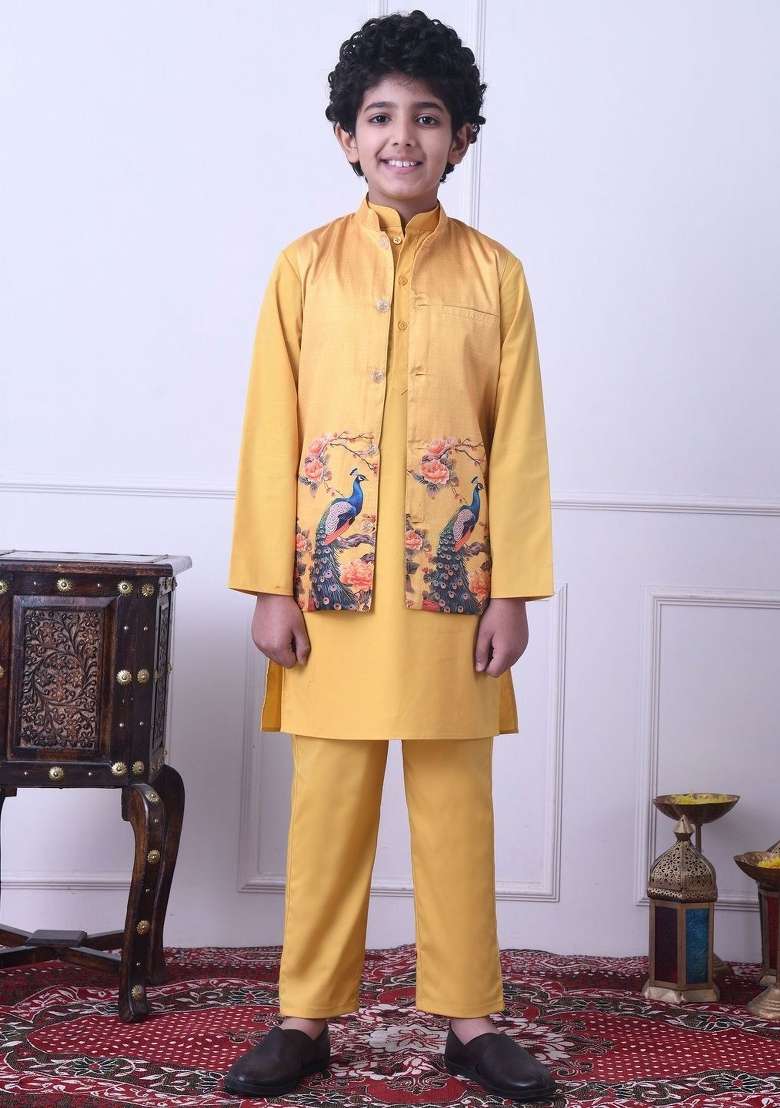 Yellow Solid Cotton Kurta Set For Boys - Indya