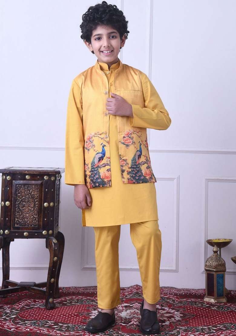 Yellow Solid Cotton Kurta Set For Boys - Indya