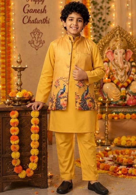 Yellow Solid Cotton Kurta Set For Boys