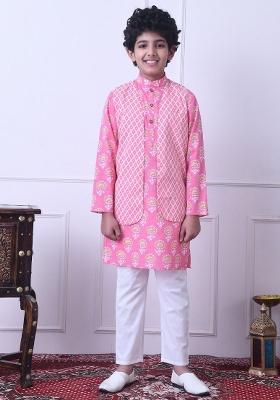 Pink Ethnic Motifs Cotton Kurta Set For Boys