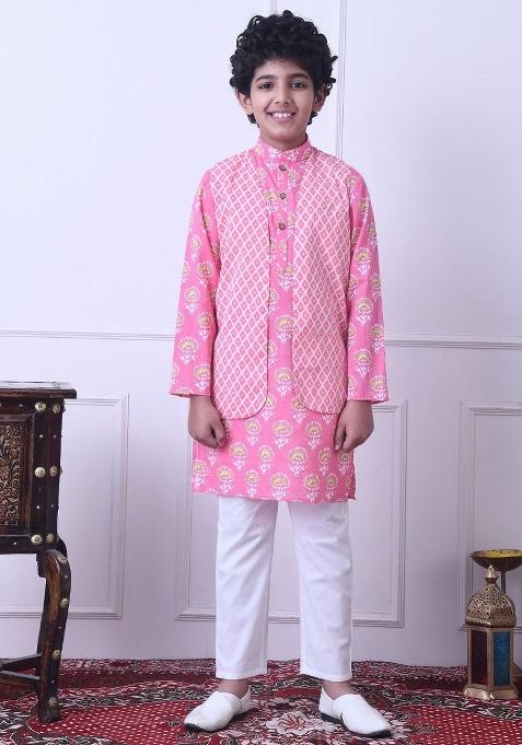 Pink Ethnic Motifs Cotton Kurta Set For Boys