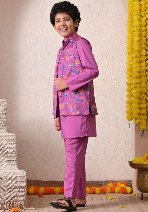 Purple Solid Cotton Kurta Set For Boys