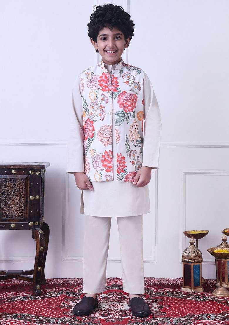 Cream Solid Cotton Kurta Set For Boys - Indya