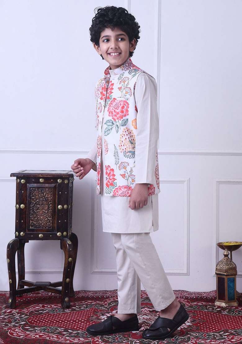 Cream Solid Cotton Kurta Set For Boys - Indya