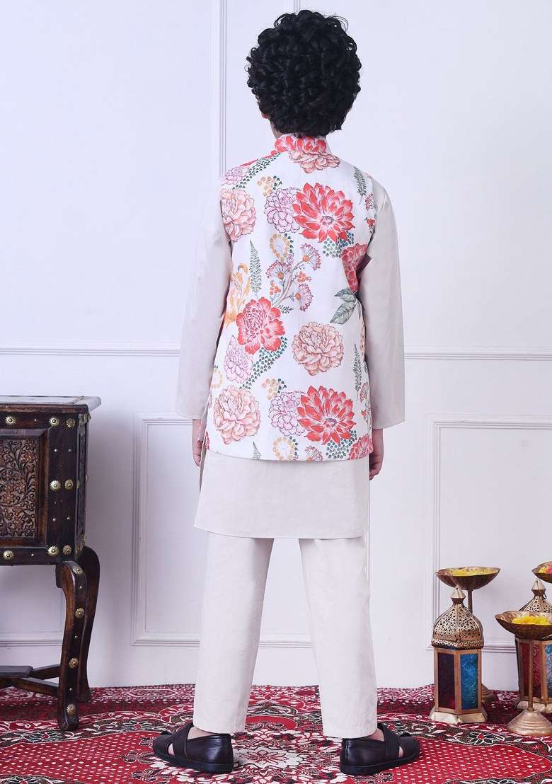 Cream Solid Cotton Kurta Set For Boys - Indya