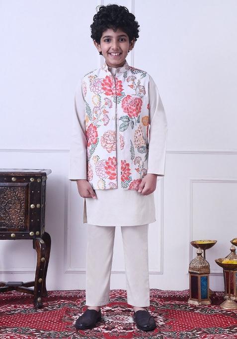 Cream Solid Cotton Kurta Set For Boys