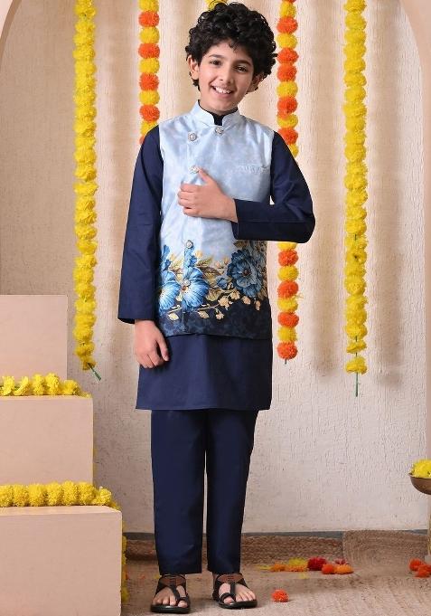 Blue Floral Cotton Kurta Set For Boys