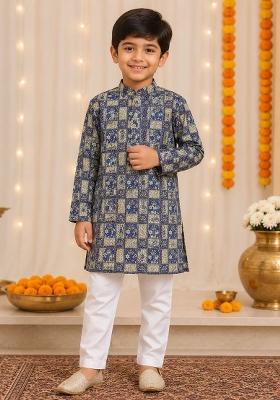 Blue Printed Cotton Kurta Pyjama For Boys
