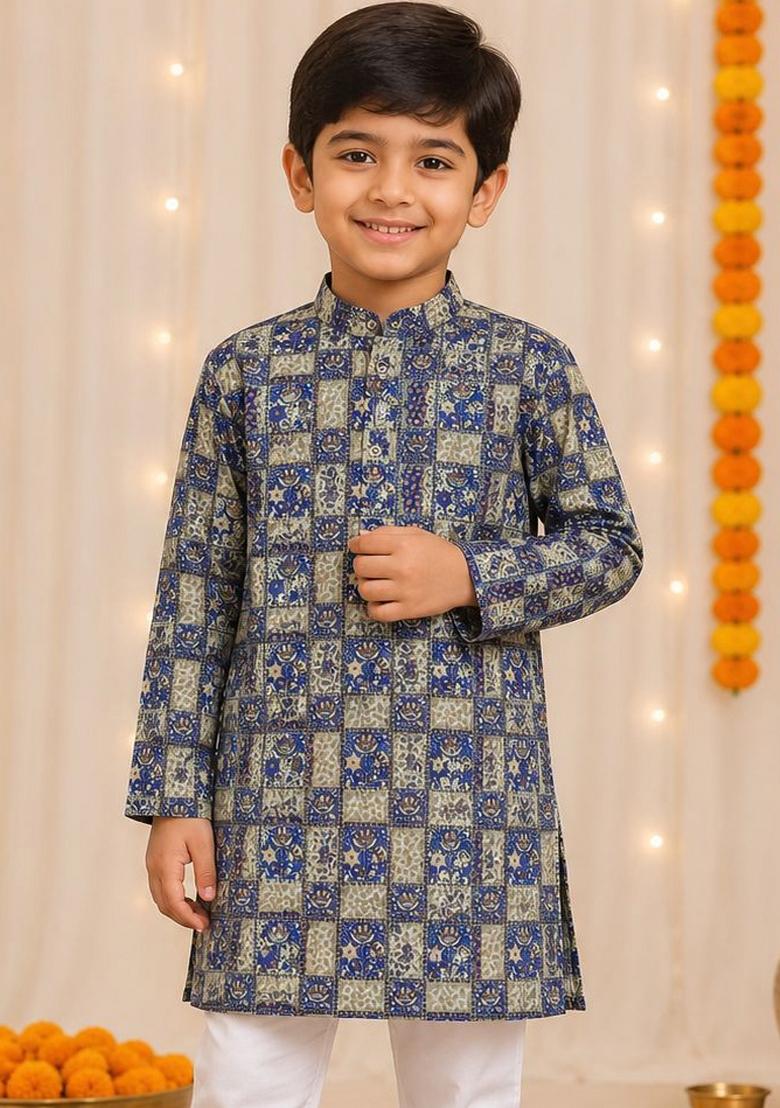 Blue Printed Cotton Kurta Pyjama For Boys - Indya