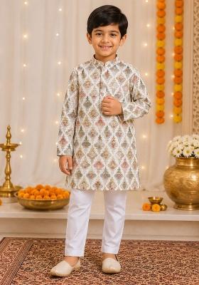White Printed Cotton Kurta Pyjama For Boys