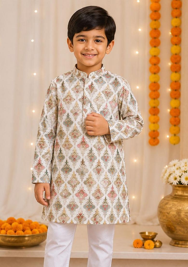 White Printed Cotton Kurta Pyjama For Boys - Indya