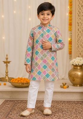 Multicolor Printed Cotton Kurta Pyjama For Boys