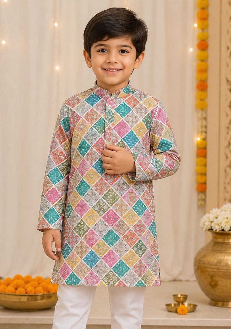 Multicolor Printed Cotton Kurta Pyjama For Boys - Indya