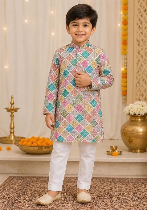 Multicolor Printed Cotton Kurta Pyjama For Boys