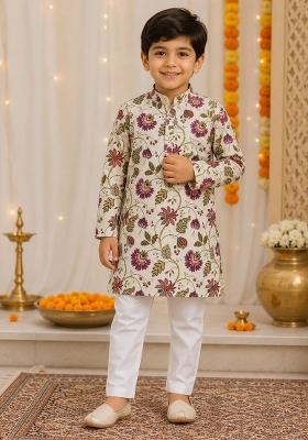 Cream Printed Cotton Kurta Pyjama For Boys