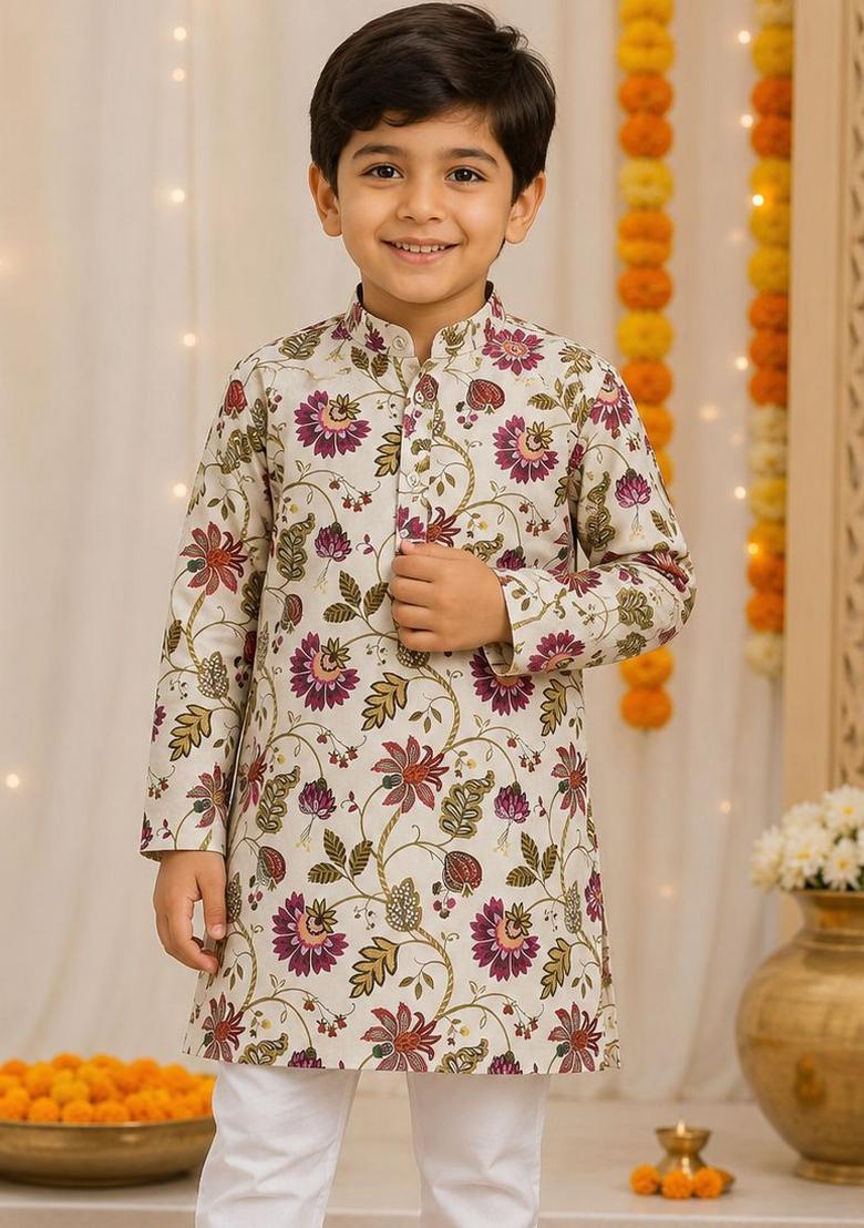 Cream Printed Cotton Kurta Pyjama For Boys - Indya