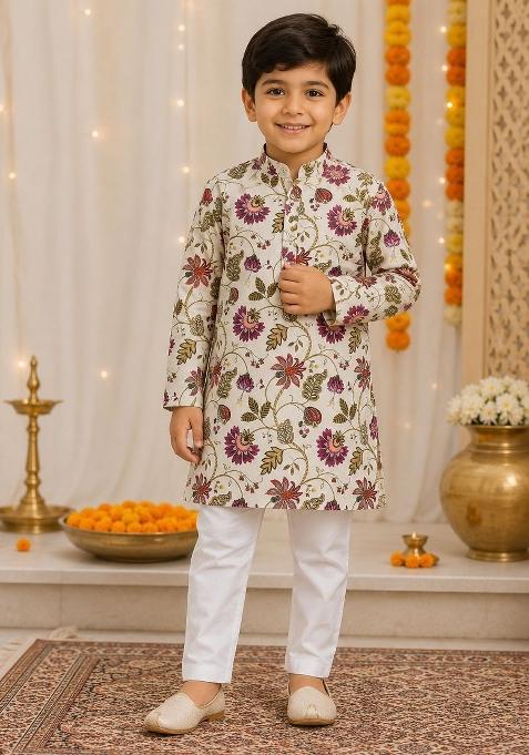 Cream Printed Cotton Kurta Pyjama For Boys