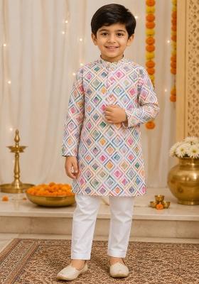 Multicolor Printed Cotton Kurta Pyjama For Boys