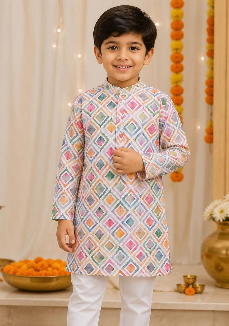Multicolor Printed Cotton Kurta Pyjama For Boys - Indya