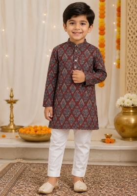 Maroon Printed Cotton Kurta Pyjama For Boys