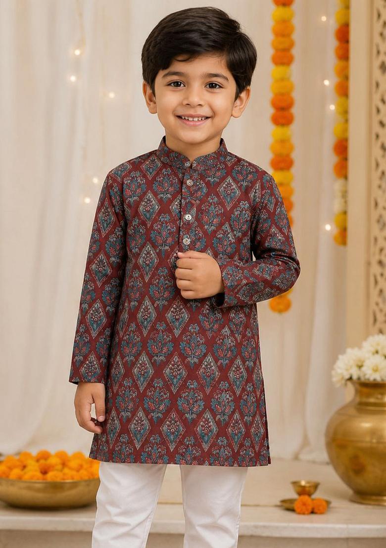 Maroon Printed Cotton Kurta Pyjama For Boys - Indya