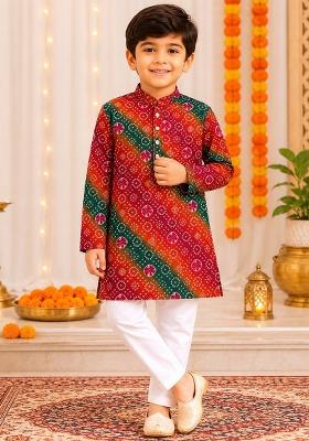 Red Printed Cotton Kurta Pyjama For Boys