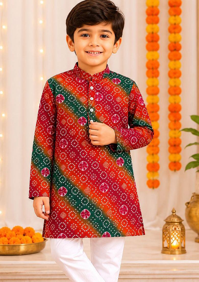 Red Printed Cotton Kurta Pyjama For Boys - Indya