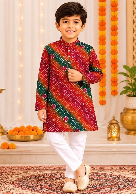 Red Printed Cotton Kurta Pyjama For Boys