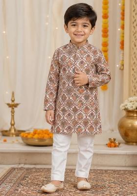 Brown Printed Cotton Kurta Pyjama For Boys
