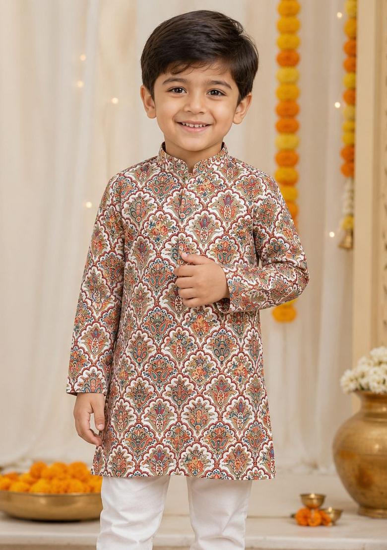 Brown Printed Cotton Kurta Pyjama For Boys - Indya