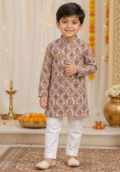 Brown Printed Cotton Kurta Pyjama For Boys
